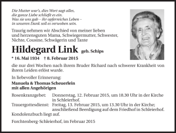 Traueranzeige von Hildegard Link 