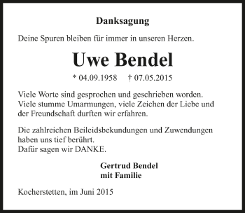 Traueranzeige von Uwe Bendel 