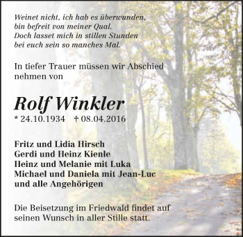 Traueranzeige von Rolf Winkler 