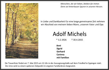 Traueranzeige von Adolf Michels 