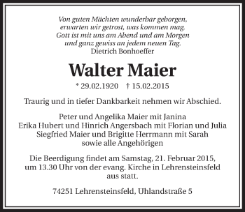 Traueranzeige von Walter Maier 