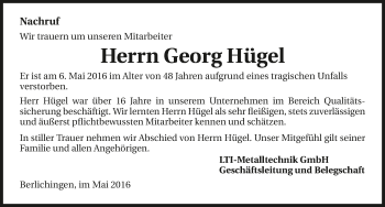 Traueranzeige von Georg Hügel 