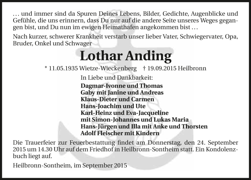  Traueranzeige für Lothar Anding vom 22.09.2015 aus 