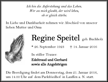 Traueranzeige von Regine Speitel 