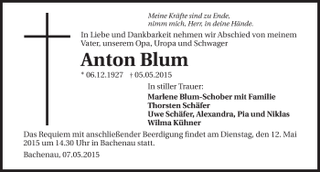 Traueranzeige von Anton Blum 