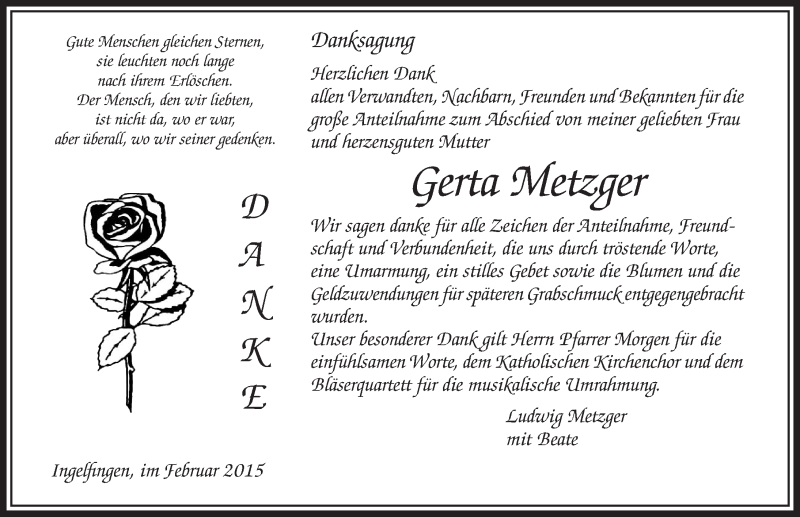  Traueranzeige für Gerta Metzger vom 28.02.2015 aus 