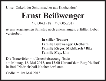 Traueranzeige von Ernst Beißwenger 
