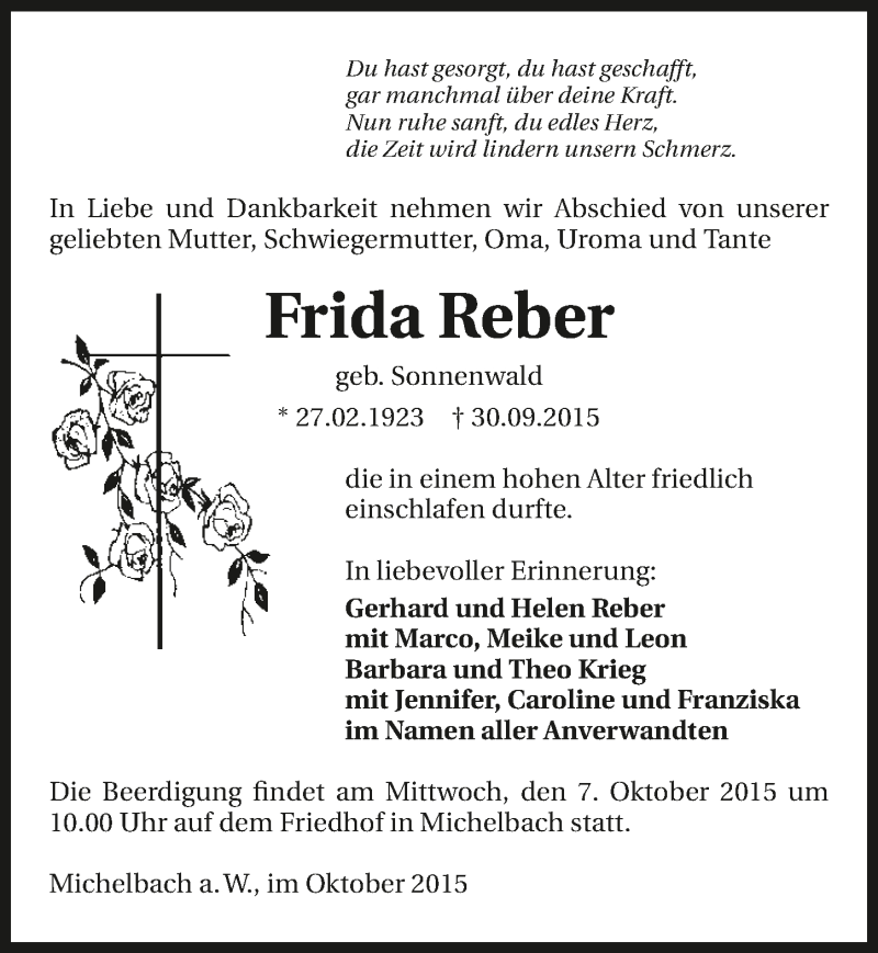  Traueranzeige für Frida Reber vom 02.10.2015 aus 