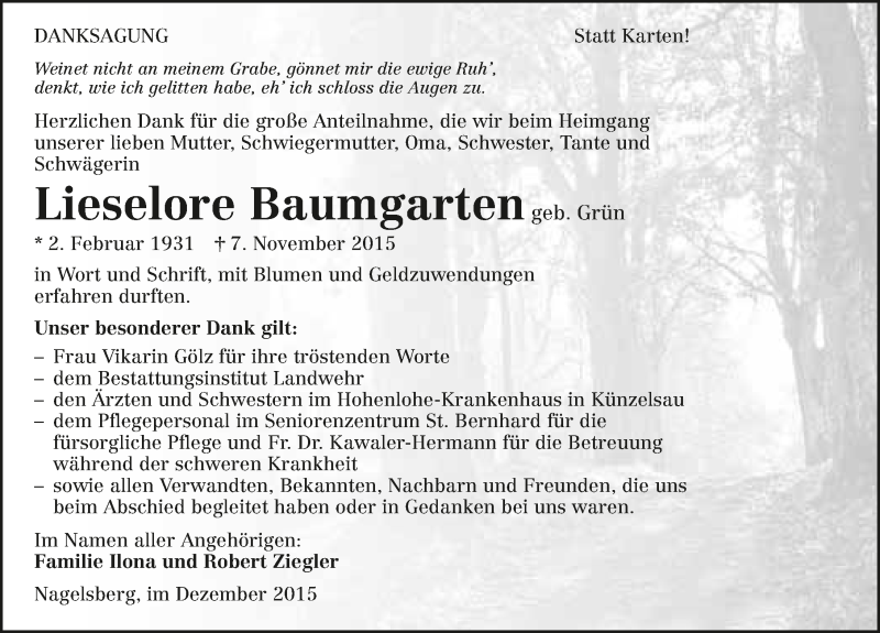  Traueranzeige für Lieselore Baumgarten vom 03.12.2015 aus 