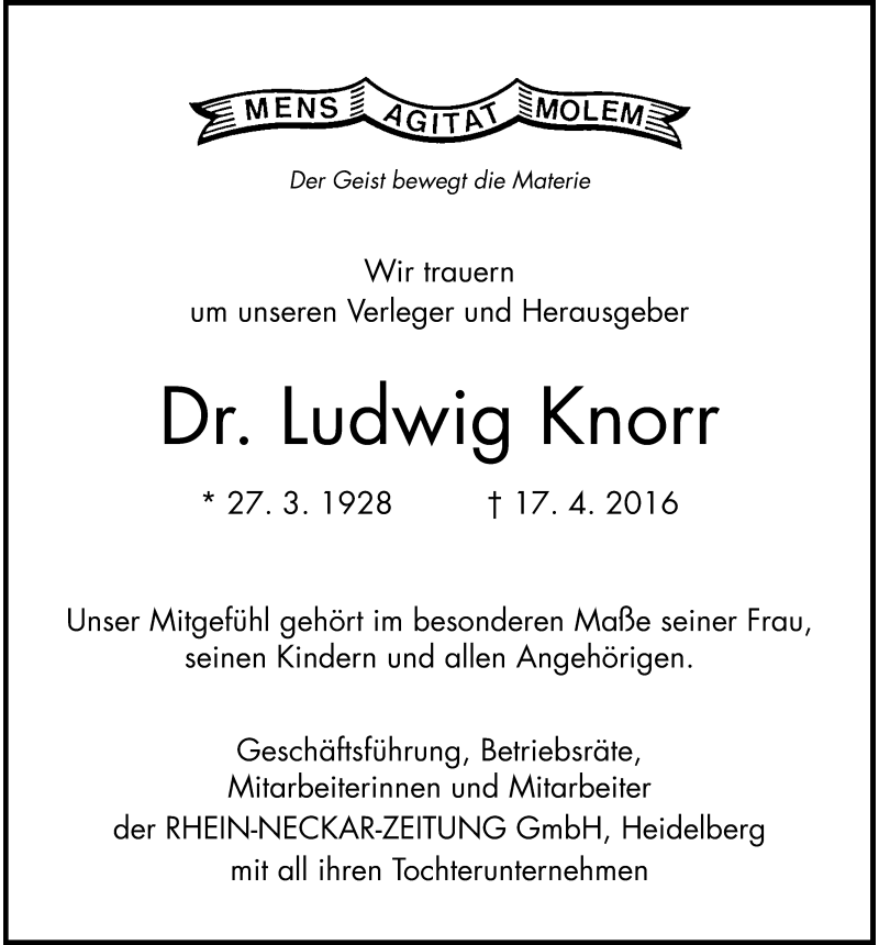  Traueranzeige für Ludwig Knorr vom 20.04.2016 aus 