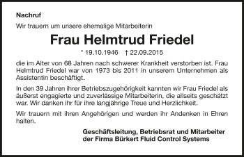Traueranzeige von Helmtrud Friedel 