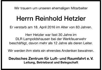 Traueranzeige von Reinhold Hetzler 