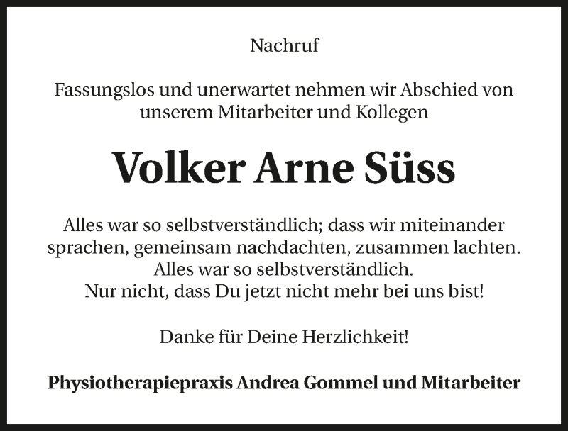  Traueranzeige für Volker Arne Süss vom 03.09.2015 aus 