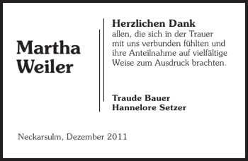Traueranzeige von Martha Weiler 
