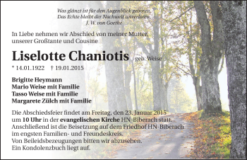 Traueranzeige von Liselotte Chaniotis 