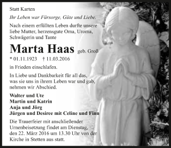 Traueranzeige von Marta Haas 