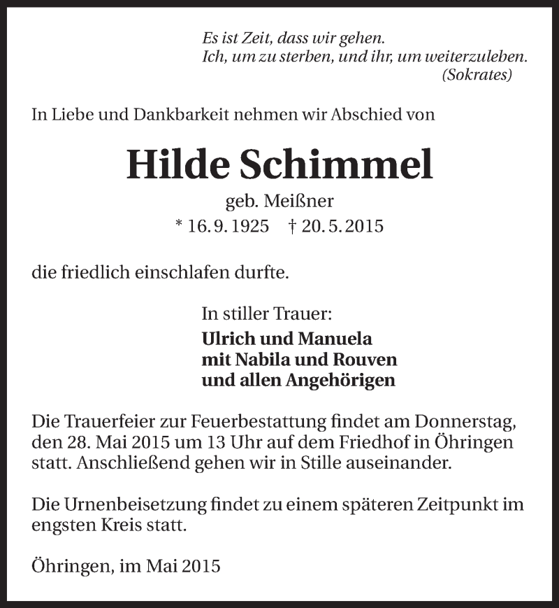  Traueranzeige für Hilde Schimmel vom 23.05.2015 aus 