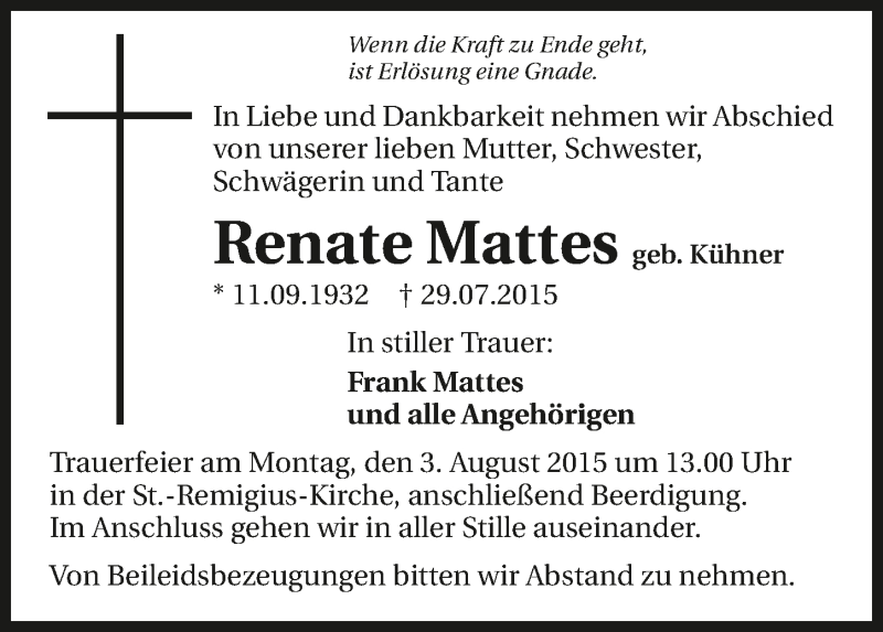  Traueranzeige für Renate Mattes vom 01.08.2015 aus 