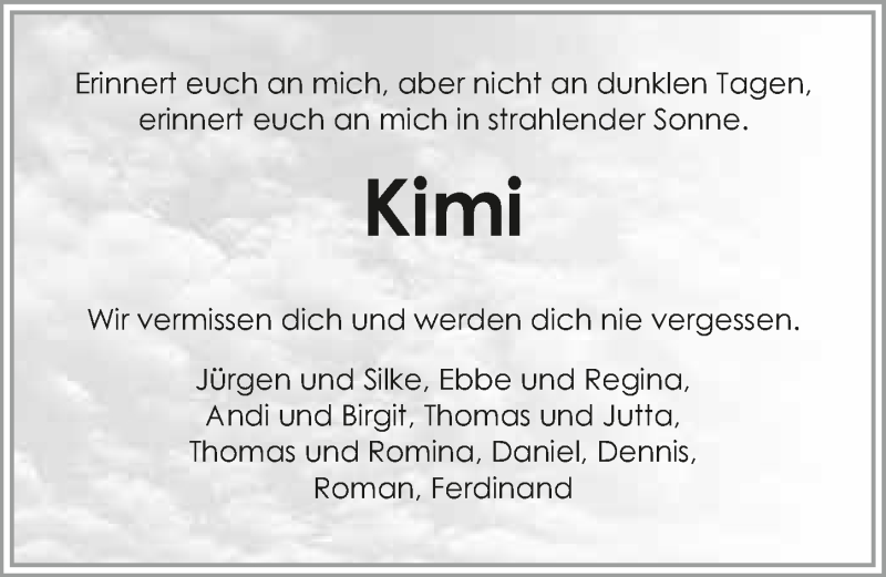  Traueranzeige für Kimi Winterbauer vom 09.01.2016 aus 