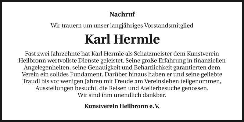  Traueranzeige für Karl Hermle vom 29.08.2015 aus 