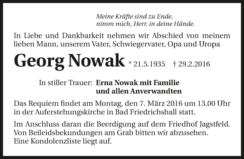  Traueranzeige für Georg Nowak vom 03.03.2016 aus 