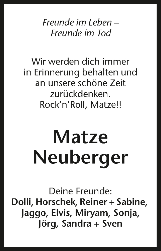  Traueranzeige für Matze Neuberger vom 27.06.2015 aus 