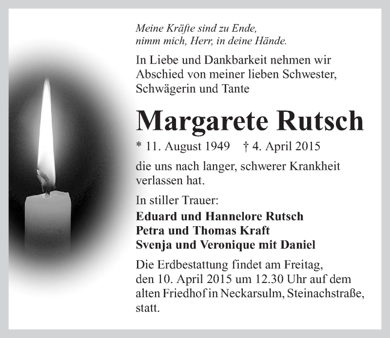  Traueranzeige für Margarete Rutsch vom 09.04.2015 aus 
