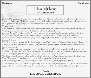 Traueranzeige von Helmut Klemm 
