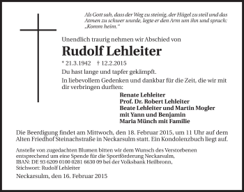 Traueranzeige von Rudolf Lehleiter 