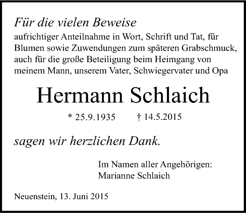  Traueranzeige für Hermann Schlaich vom 13.06.2015 aus 