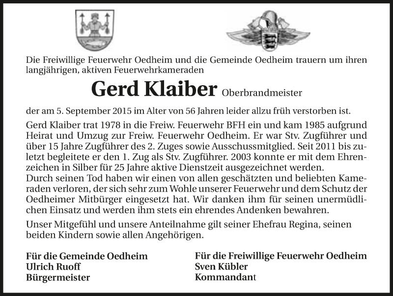  Traueranzeige für Gerd Klaiber vom 09.09.2015 aus 