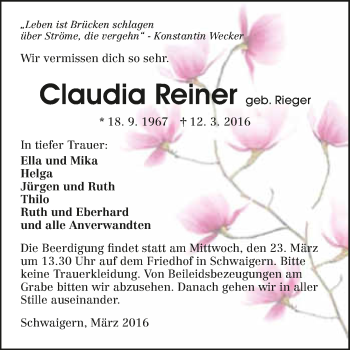 Traueranzeige von Claudia Reiner 