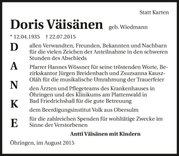 Traueranzeige von Doris Väisänen 