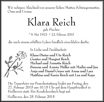 Traueranzeige von Klara Reich 