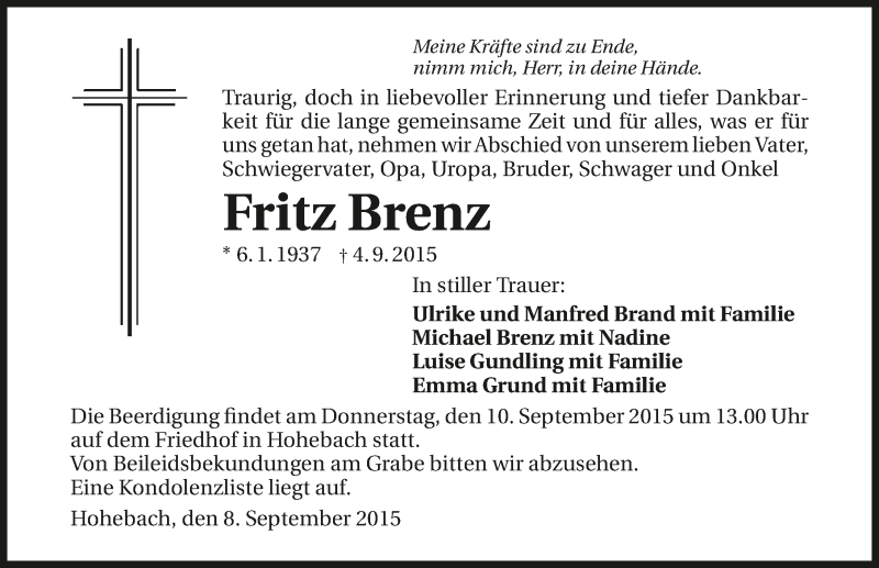  Traueranzeige für Fritz Brenz vom 08.09.2015 aus 