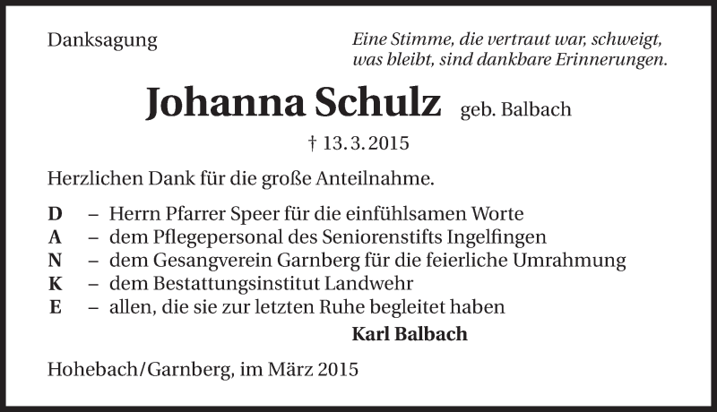  Traueranzeige für Johanna Schulz vom 04.04.2015 aus 