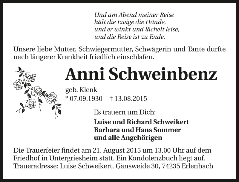  Traueranzeige für Anni Schweinbenz vom 15.08.2015 aus 