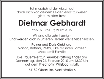 Traueranzeige von Dietmar Gebhardt 