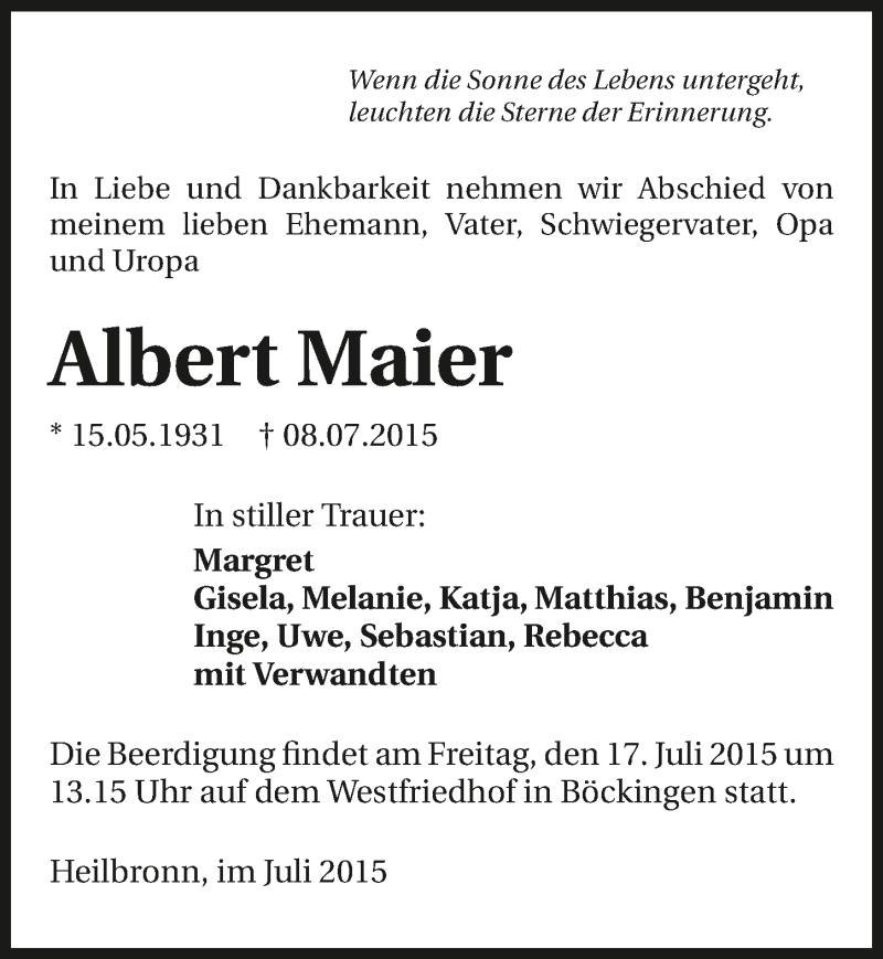  Traueranzeige für Albert Maier vom 11.07.2015 aus 