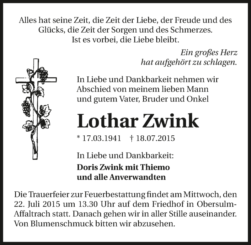  Traueranzeige für Lothar Zwink vom 20.07.2015 aus 