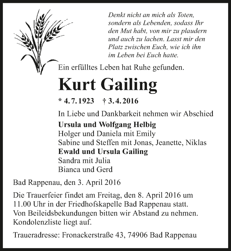  Traueranzeige für Kurt Gailing vom 06.04.2016 aus 
