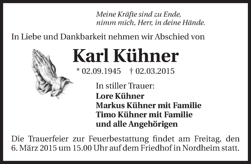  Traueranzeige für Karl Kühner vom 04.03.2015 aus 