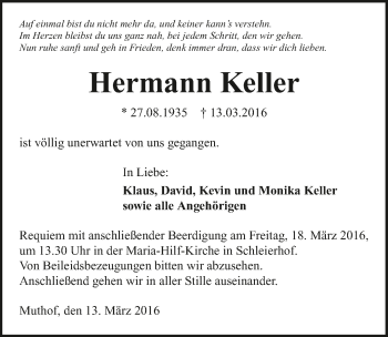 Traueranzeige von Hermann Keller 