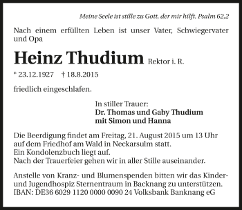 Traueranzeige von Heinz Thudium 
