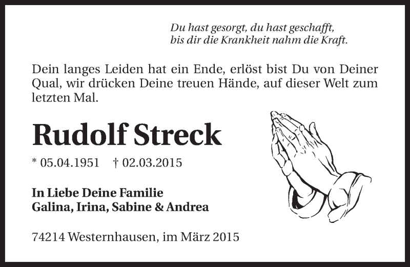  Traueranzeige für Rudolf Streck vom 04.03.2015 aus 