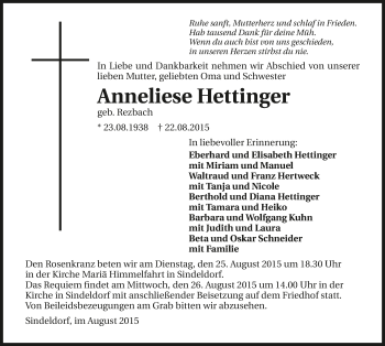 Traueranzeige von Anneliese Hettinger 