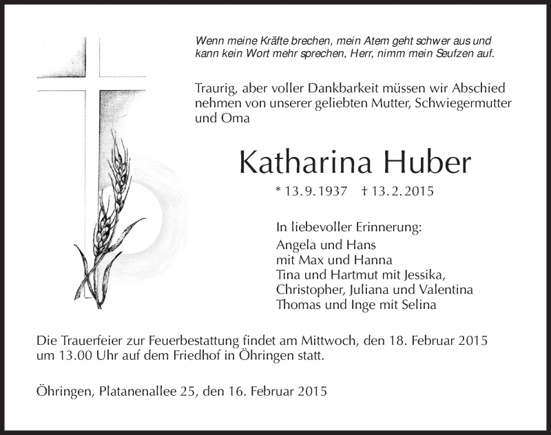  Traueranzeige für Katharina Huber vom 16.02.2015 aus 