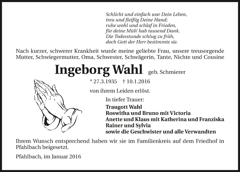  Traueranzeige für Ingeborg Wahl vom 16.01.2016 aus 