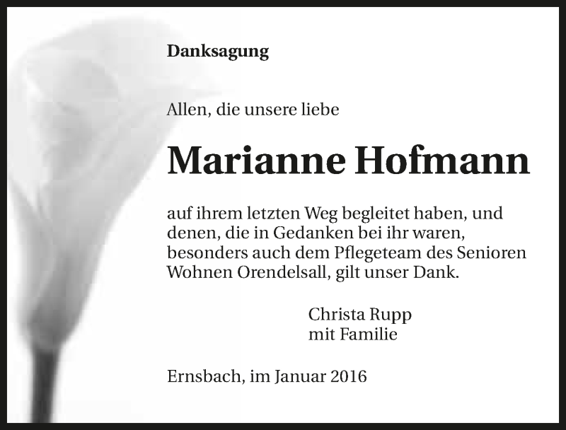  Traueranzeige für Marianne Hofmann vom 09.01.2016 aus 