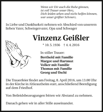 Traueranzeige von Vinzenz Geißler 